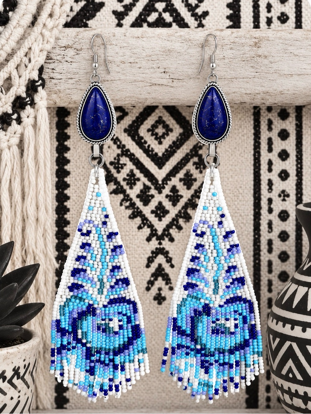 Sterling Silver Lapis Lazuli Seed Bead Fringe Earrings | Handmade Boho Statement